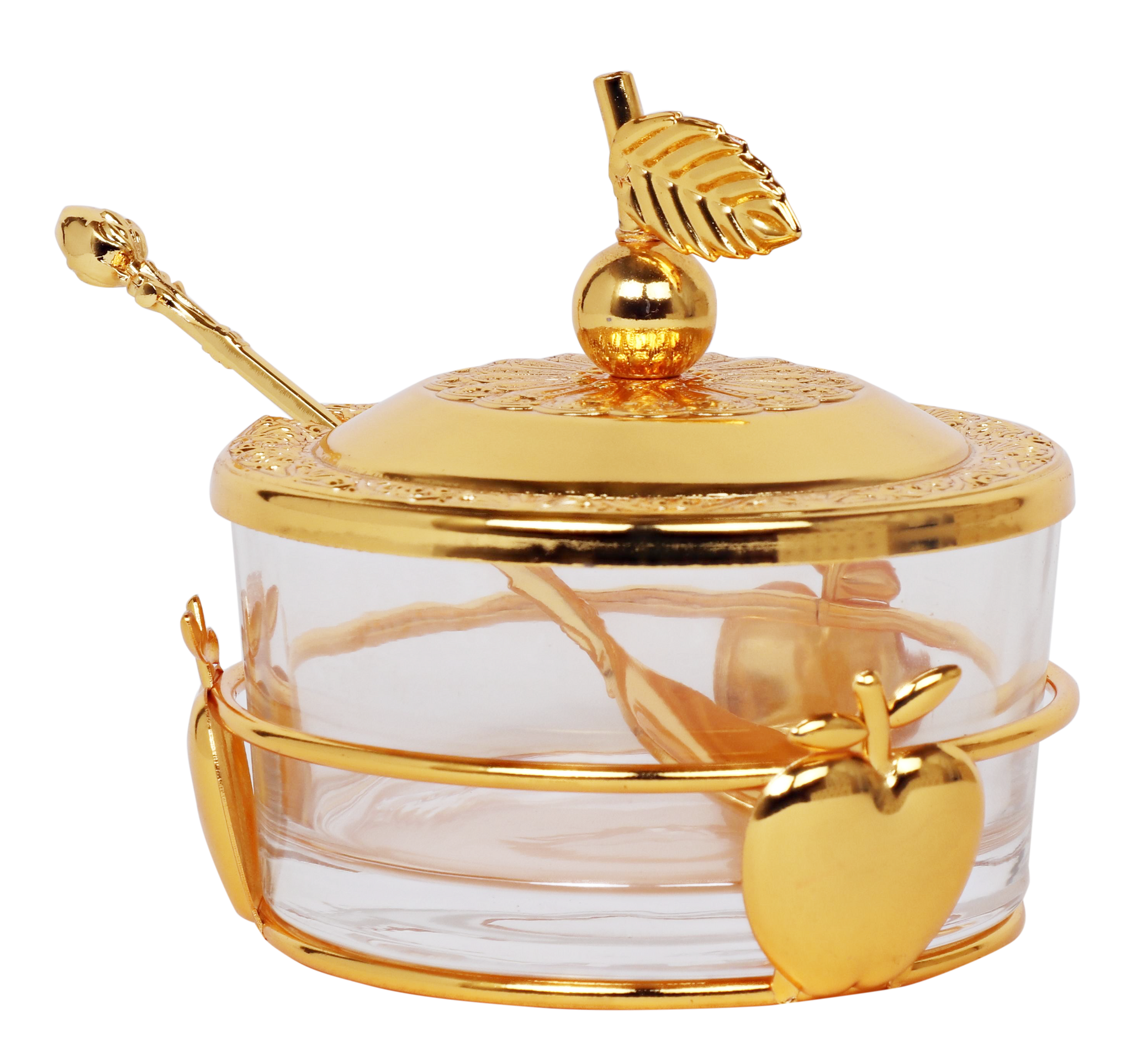 Honey Dish Glass/Gold Apples