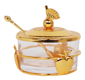 Honey Dish Glass/Gold Apples