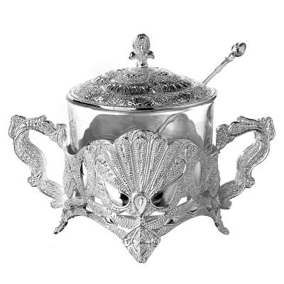 honey dish filagree silver wtih spoon